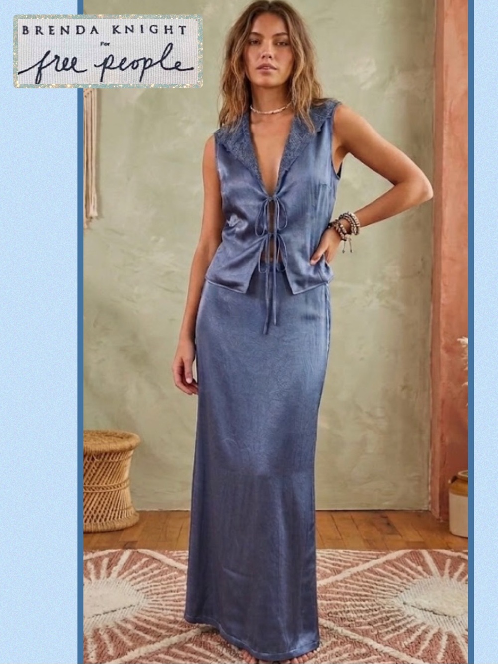 🆕 Free People x Brenda Knight Satin and Lace Maxi Skirt & Vest Set XS